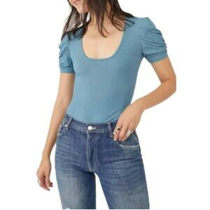 FREE PEOPLE ~ Blue body suit with pleated sleeves